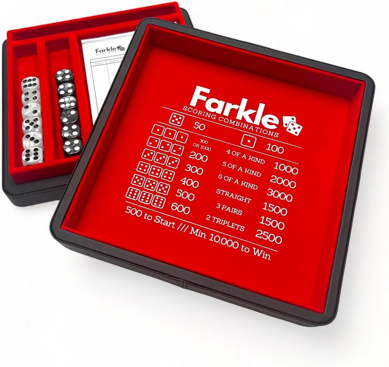 Luck Lab Farkle Dice Tray and Storage Case - Includes Embedded Scoring Combinations, 2 Sets of 6 Pearl Dice, 40 Sheet Score Pad and Pen Holder for The Classic Family Game (Red) - Image 1